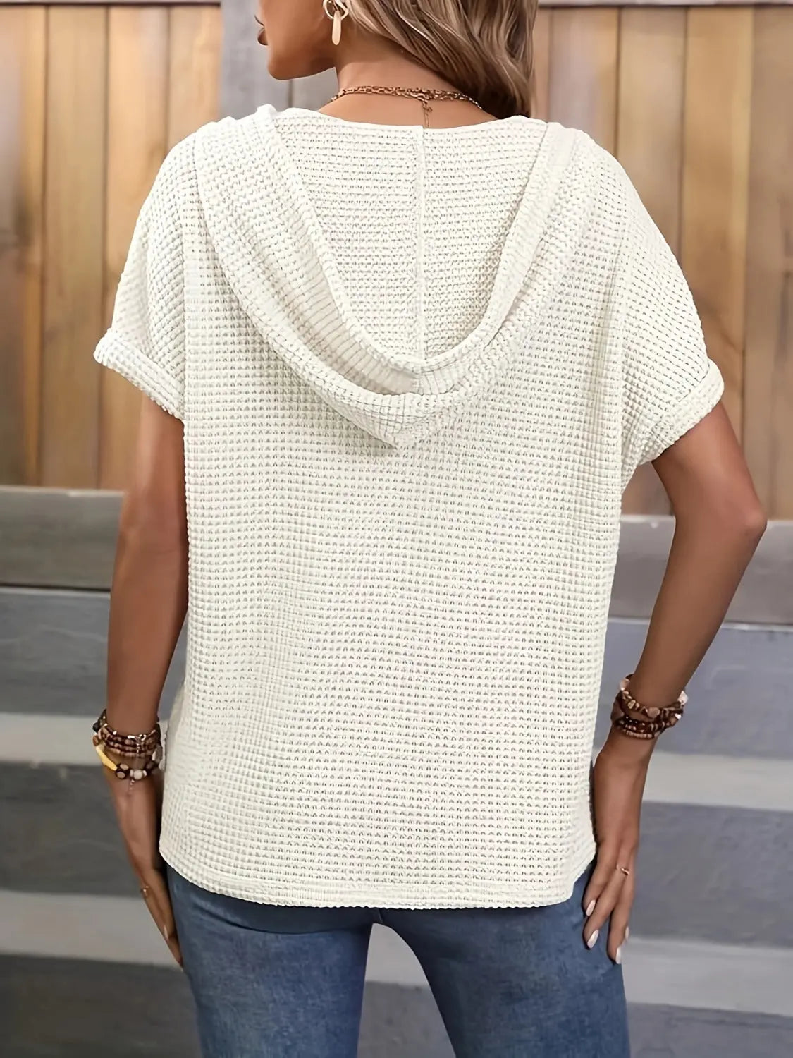 Waffle-Knit Hooded Short Sleeve Top Trendsi