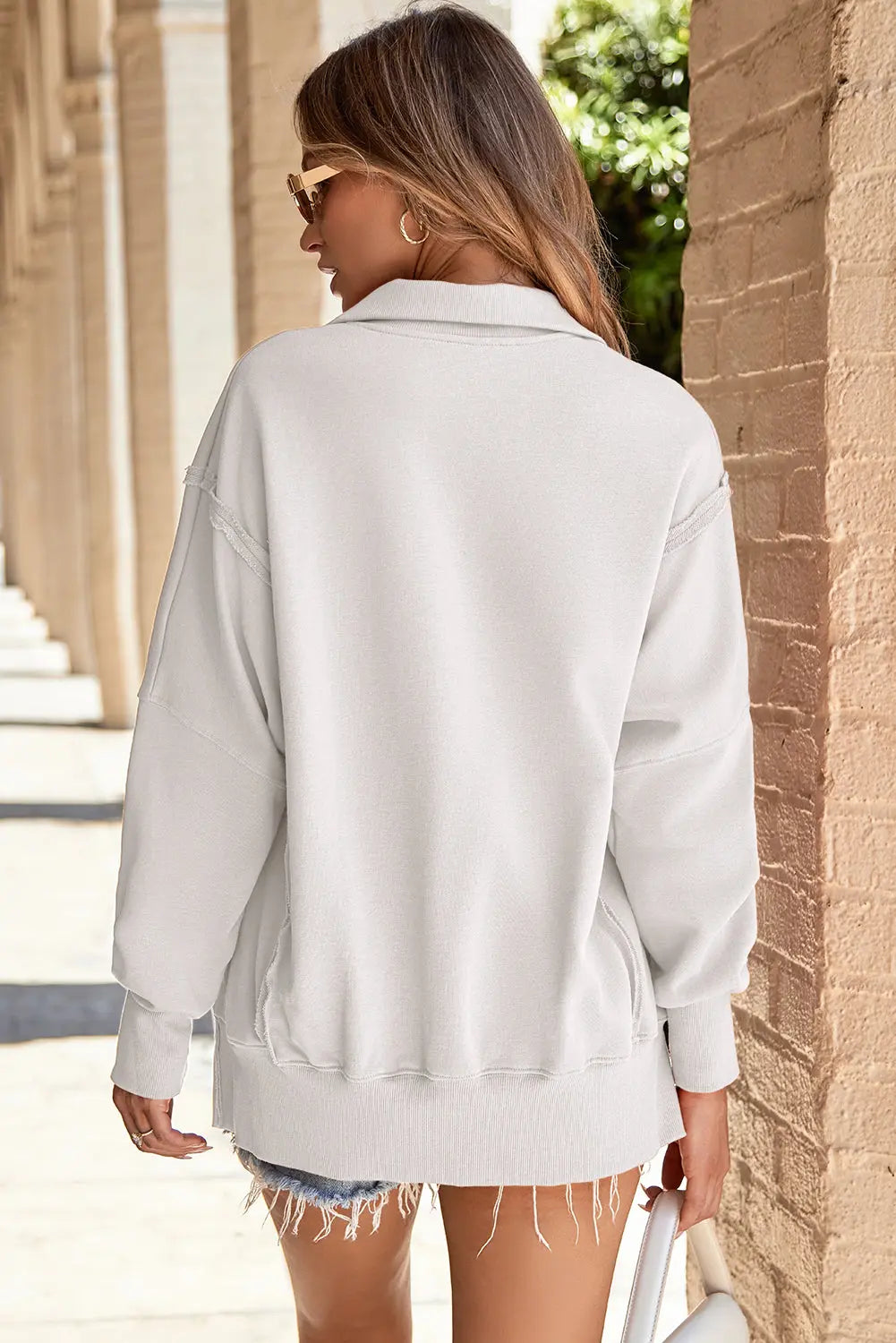 White Buttoned Collared Raw Detail High Low Baggy Sweatshirt with Slits Dear-Lover Dropshipping