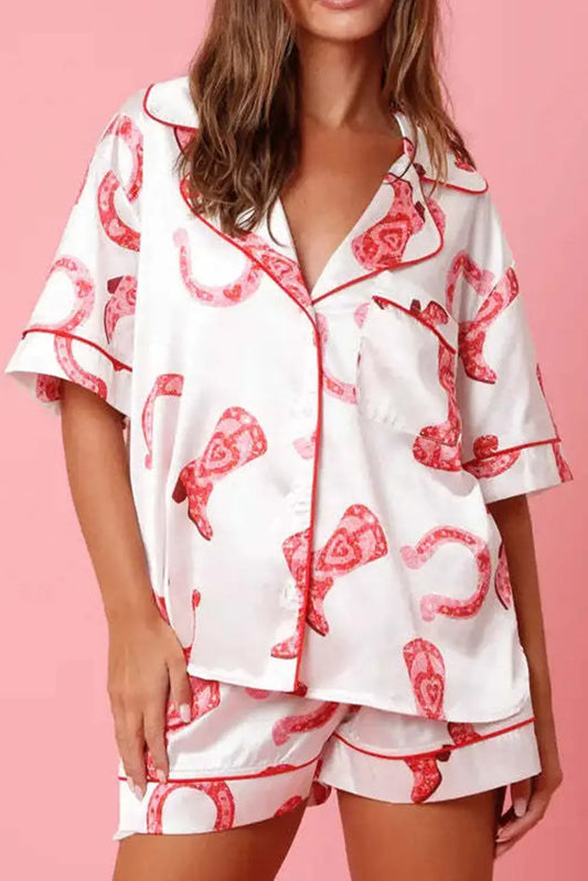 White Full Pattern Shirt and Shorts Satin Pajama Set Milli & Molli’s