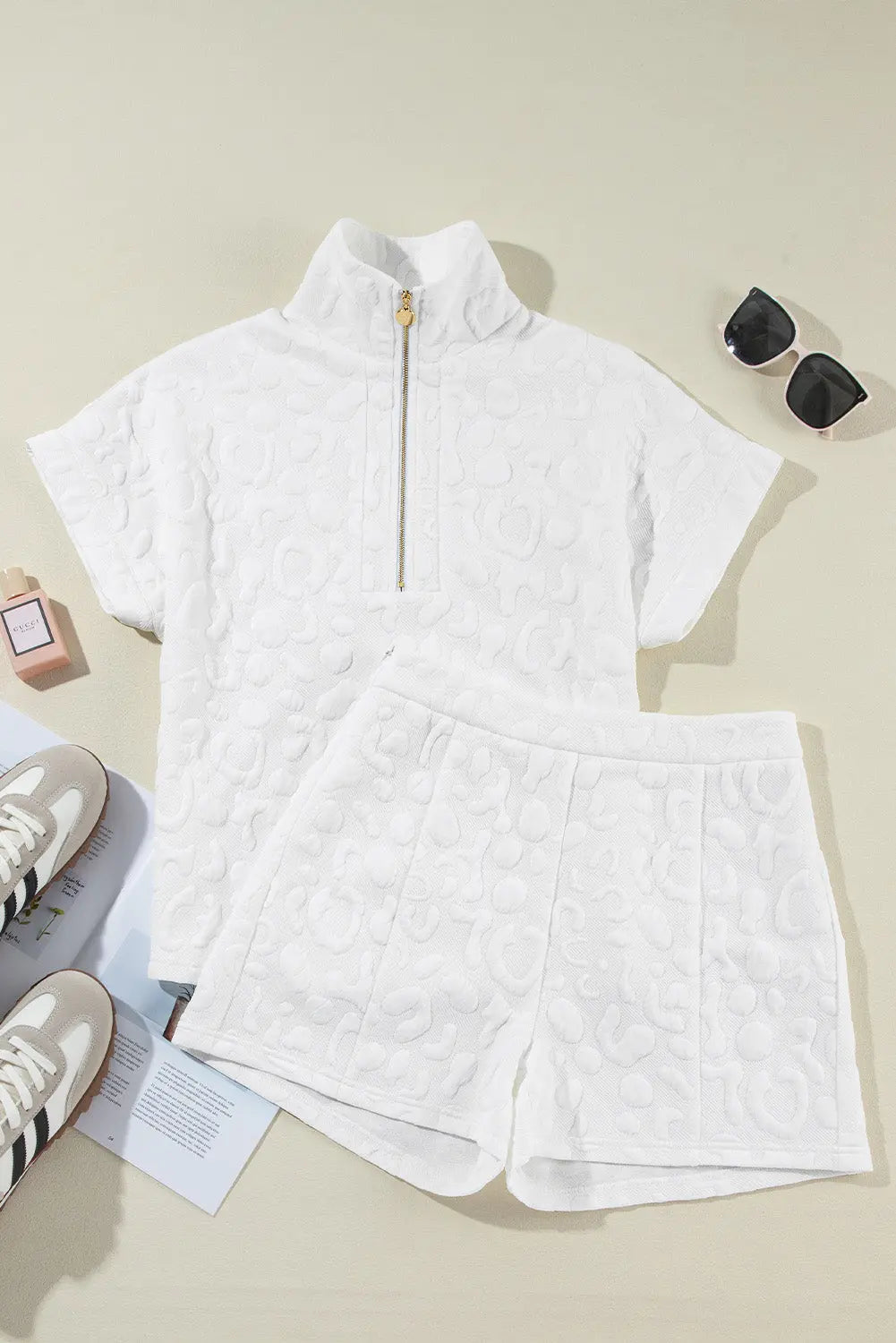 White Leopard Jacquard Quarter Zip Tee and Shorts Set Milli & Molli’s