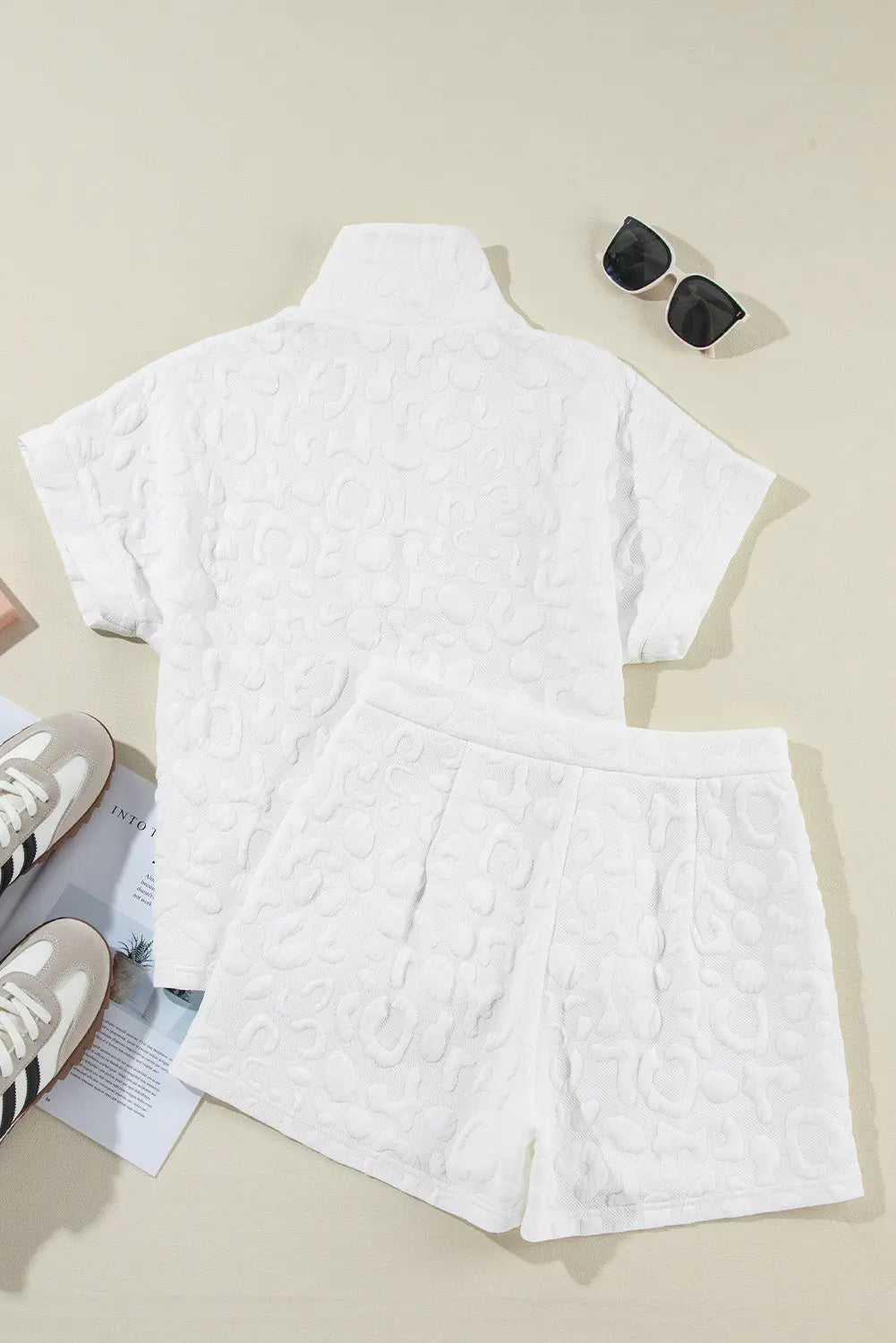 White Leopard Jacquard Quarter Zip Tee and Shorts Set Milli & Molli’s