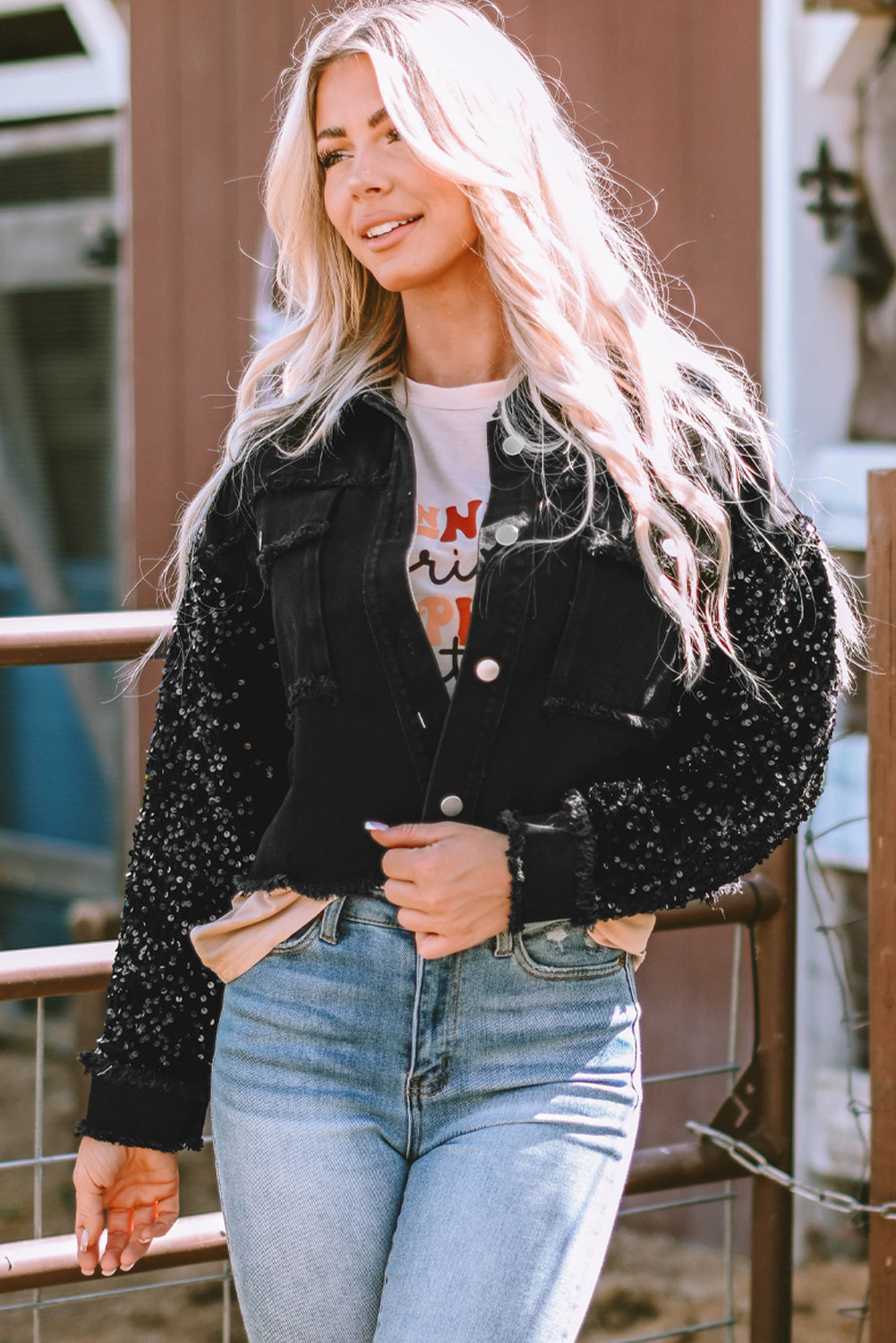 Black Sequin Sleeve Pocketed Raw Hem Denim Jacket